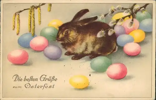 Ak Glückwunsch Ostern, Osterhase, Bemalte Ostereier, Weidenkätzchen