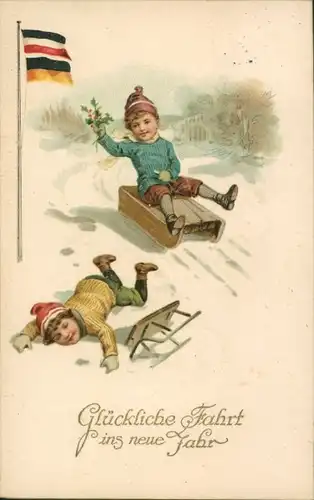 Ak Glückwunsch Neujahr, Schlittenfahrt, Fahnen, Unfall