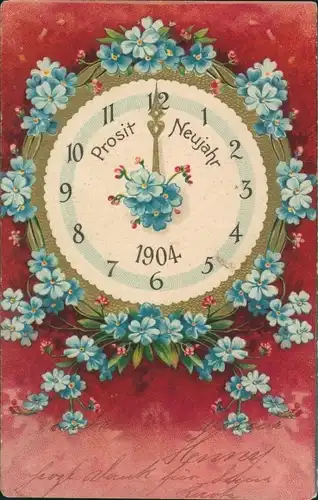Präge Litho Glückwunsch Neujahr 1904, Uhr, Vergissmeinnicht