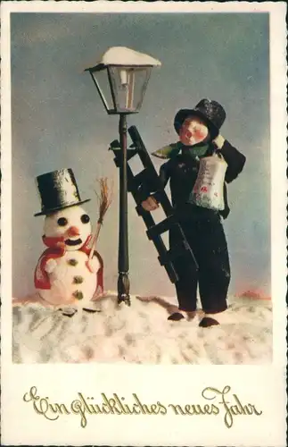 Ak Glückwunsch Neujahr, Schornsteinfeger, Schneemann, Leiter, Straßenlampe