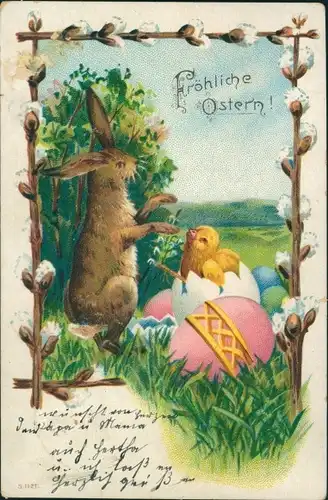 Ak Glückwunsch Ostern, Osterhase, Küken, Ostereier, Weidenkätzchen