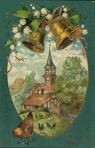 Präge Litho Glückwunsch Ostern, Henne, Glocken, Maiglöckchen