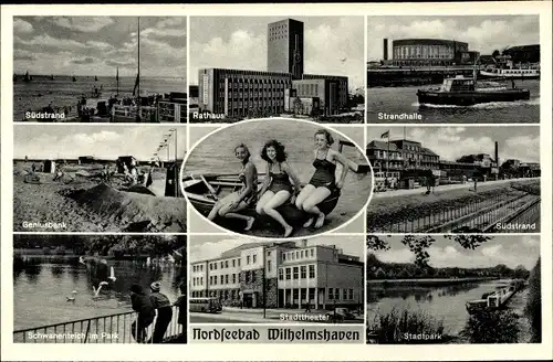 Ak Wilhelmshaven, Strandhalle, Südstrand, Geniusbank, Park, Rathaus, Stadttheater