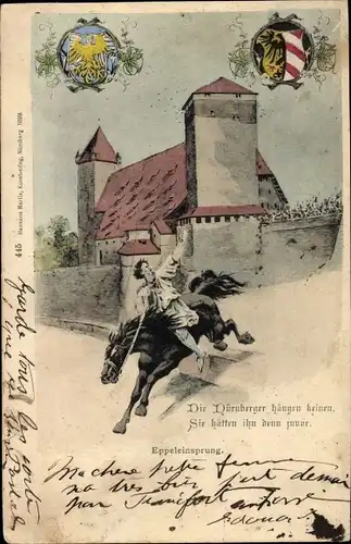 Wappen Litho Nürnberg in Mittelfranken, Eppeleinsprung, Gedicht, Pferd, Reiter