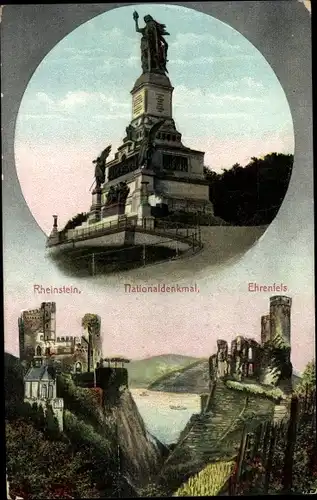 Ak Rüdesheim am Rhein, Ehrenfels, Rheinstein, Nationaldenkmal