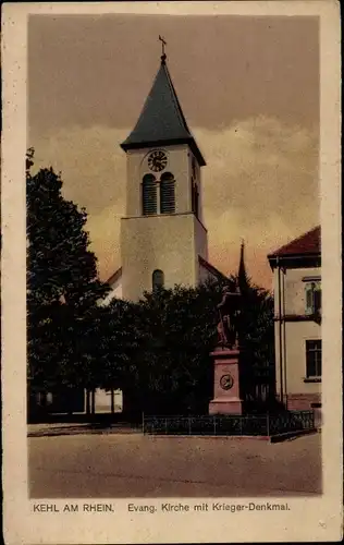 Ak Kehl am Rhein, Ev. Kirche, Kriegerdenkmal