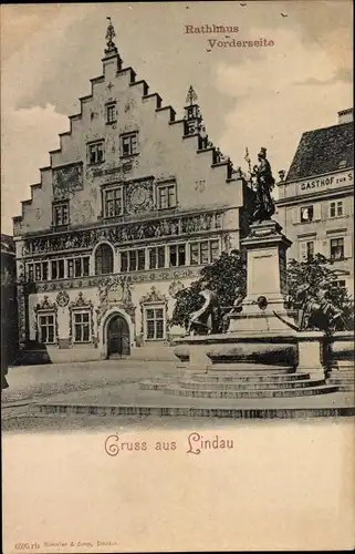 Ak Lindau am Bodensee Schwaben, Rathaus, Vorderseite, Giebelhaus, Brunnen