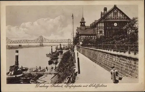 Ak Ruhrort Duisburg im Ruhrgebiet, Hafen, Schifferbörse, Brücke, Schiffe