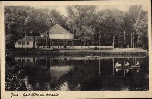 Ak Jena in Thüringen, Gaststätte im Paradies, Ruderboot