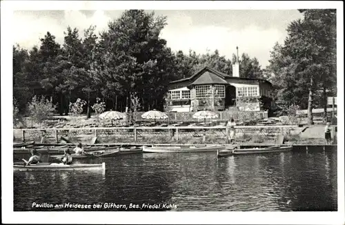 Ak Gifhorn in Niedersachsen, Kurhaus und Pavillon Am Heidesee, See, Boote