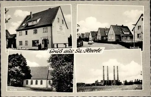 Ak Heerte Salzgitter in Niedersachsen, Kaufhaus Schmidt, Kirche, Siedlung, Fabrik