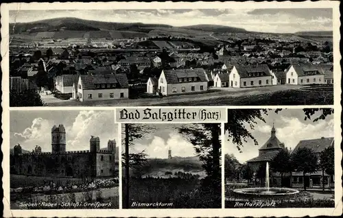 Ak Salzgitter in Niedersachsen, Totale, Sieben Raben Schloss, Bismarckturm, Marktplatz