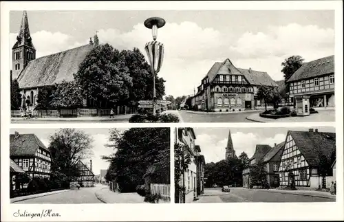 Ak Sulingen in Niedersachsen, Kirche, Straßenpartie, Fachwerkhäuser