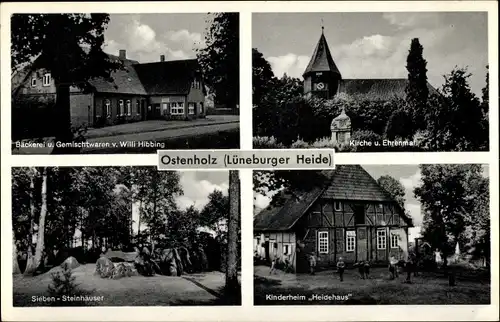 Ak Ostenholz Hartem Osterheide, Bäckerei, Gemischtwaren, Kirche, Ehrenmal, Kinderheim Heidehaus