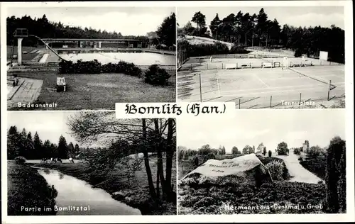 Ak Bomlitz in Niedersachsen, Freibad, Tennisplatz, Hermann Löns Denkmal