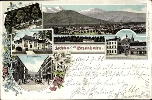 Litho Rosenheim in Bayern, Loretto Allee, Kapelle, Mittertor, Bahnhofstraße