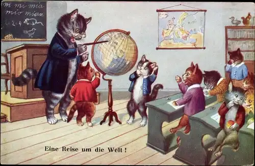 Ak Vermenschlichte Katzen, Katzenkinder in der Schule, Eine Reise um die Welt, Globus