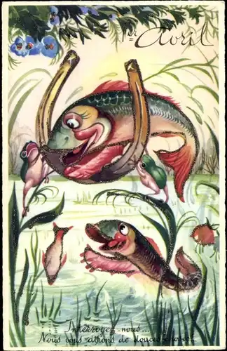 Glitzer Ak Glückwunsch 1. April, Fische und Frösche mit einem Hufeisen