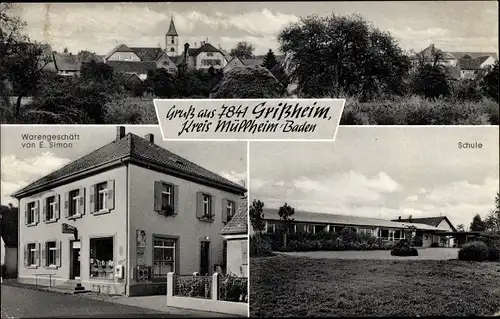 Ak Grißheim Neuenburg am Rhein Baden, Gesamtansicht, Warengeschäft E. Simon, Schule