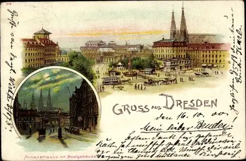 Litho Dresden Zentrum Altstadt, Postplatz, Annenstraße, Postgebäude