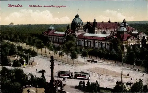 Ak Dresden, Städtischer Ausstellungspalast, Straßenbahn, Pferdekutschen