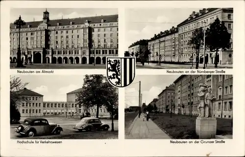 Wappen Ak Dresden, Neubauten am Altmarkt, Nürnberger Straße, Grunaer Straße, Hochschule