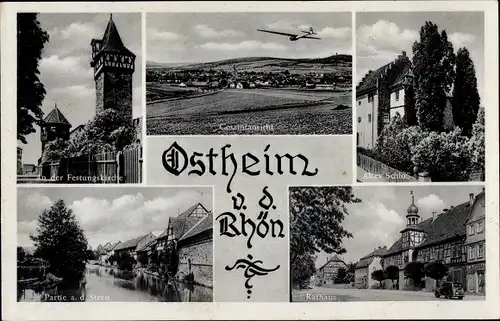 Ak Ostheim vor der Rhön Unterfranken, Festungskirche, Altes Schloss, Streu, Rathaus, Segelflugzeug