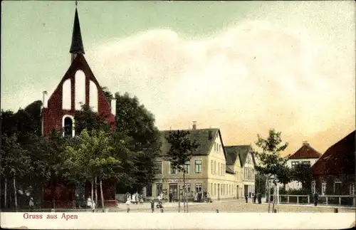 Ak Apen in Oldenburg Ammerland, Straßenpartie, Kirche