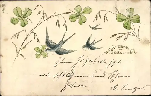 Präge Litho Glückwunsch, Schwalben, Glücksklee