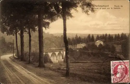 Ak Herbeumont Wallonien Luxemburg Belgien, Route de Conques und Brücke über die Samois