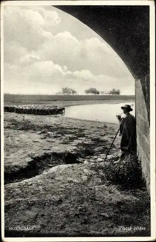 Ak Hortobágy Ungarn, Schafhirte am Tunneleingang, Schafherde