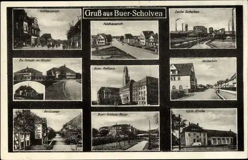 Ak Buer Scholven Gelsenkirchen Ruhrgebiet, Zeche Scholven, Kath. Kirche, Buer Rathaus, Schloss Berge