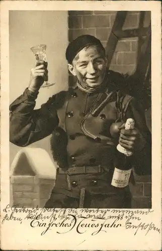 Ak Glückwunsch Neujahr, Schornsteinfeger, Sektglas, Sektflasche