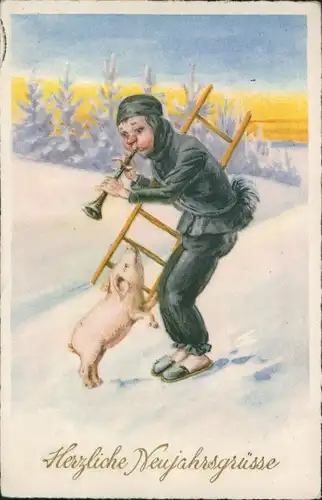 Ak Glückwunsch Neujahr, Schornsteinfeger, Schwein, Musikinstrument