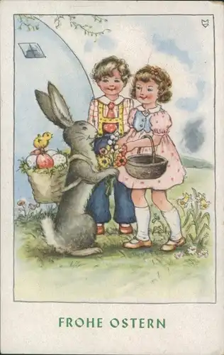 Künstler Ak Glückwunsch Ostern, Kinder, Korb, Osterhase, Ostereier