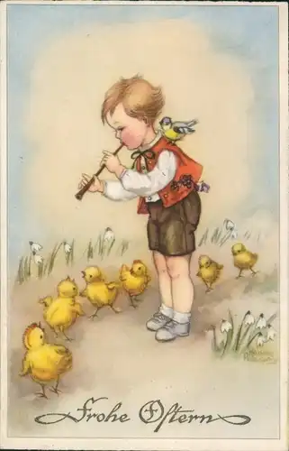 Künstler Ak Petersen, H., Glückwunsch Ostern, Junge spielt Flöte, Küken, Vogel