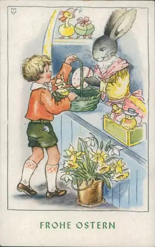 Künstler Ak Glückwunsch Ostern, Osterhase, Ostereier, Handel, Blumen