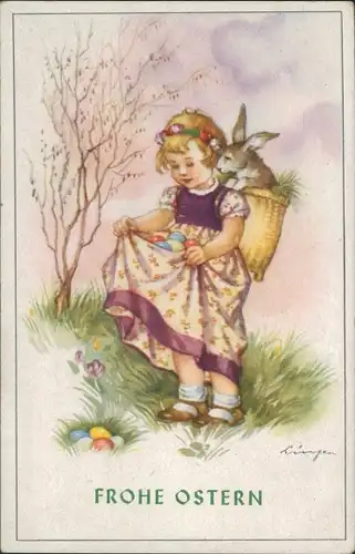 Künstler Ak Glückwunsch Ostern, Mädchen, Ostereier, Hase im Korb