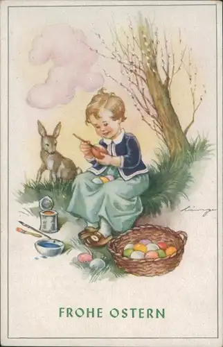 Künstler Ak Glückwunsch Ostern, Junge bemalt Eier, Hase, Farben, Korb