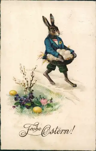 Ak Glückwunsch Ostern, Osterhase, Eier im Korb, Weidenkätzchen