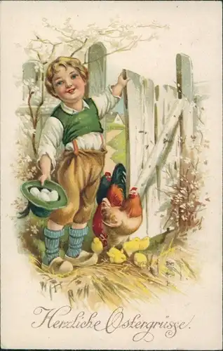 Ak Glückwunsch Ostern, Kind in Tracht, Küken, Hühner, Eier
