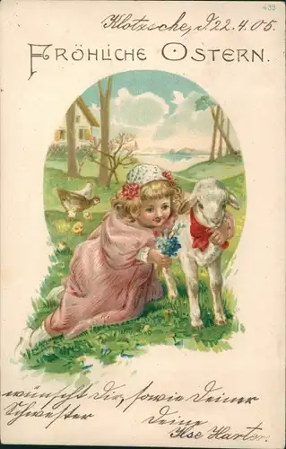 Präge Litho Glückwunsch Ostern, Mädchen, Lamm, Hühner