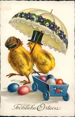 Ak Glückwunsch Ostern, Küken, Sonnenschirm, Ostereier