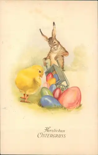 Ak Glückwunsch Ostern, Osterhase, Schubkarre, Ostereier, Küken
