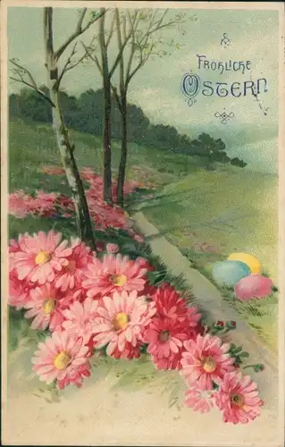 Präge Ak Glückwunsch Ostern, Ostereier, Blumen, Bäume