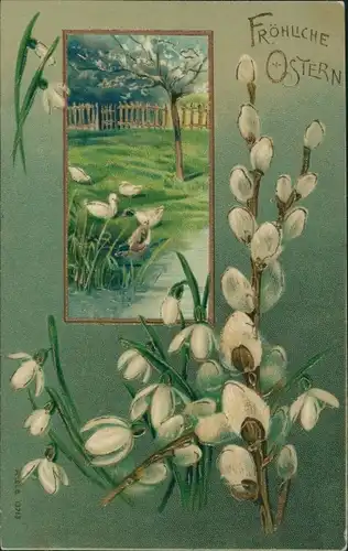 Präge Glitzer Ak Glückwunsch Ostern, Weidenkätzchen, Schneeglocken, Enten