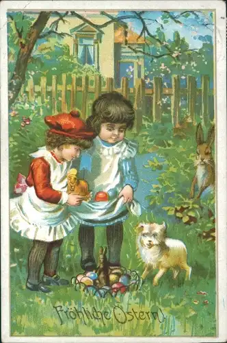 Ak Glückwunsch Ostern, Kinder, Ostereier, Hund, Osterhase