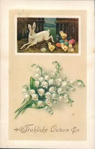 Präge Ak Glückwunsch Ostern, Osterhase, Ostereier, Küken, Maiglöckchen