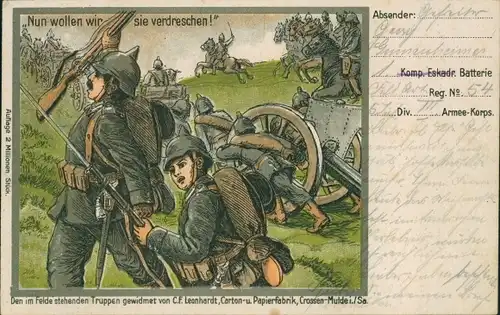 Künstler Ak Nun wollen wir sie verdreschen, Schlachtfeld, Patriotik, I WK