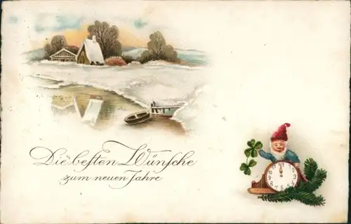 Ak Glückwunsch Neujahr, Winterlandschaft, Zwerg, Klee, Uhr